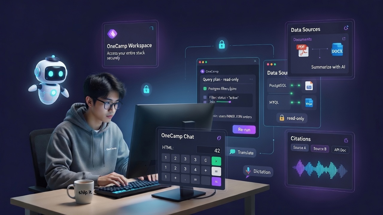 OneCamp AI Teammates Reach Your Whole Workspace: External Databases, Documents, Voice, and Governed Code