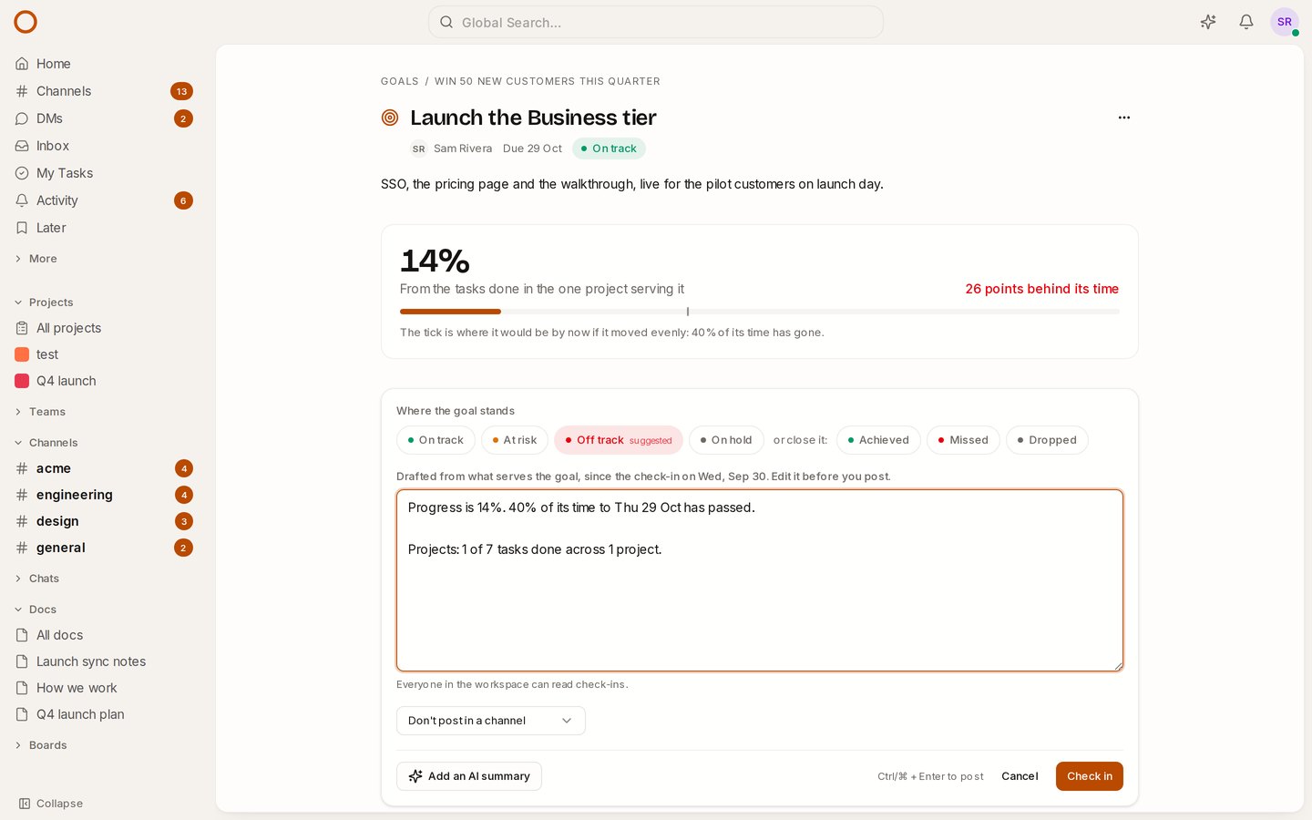 A goal's check-in, drafted from its projects: 14% done with 40% of its time gone, so OneCamp suggests Off track, though the last check-in said On track