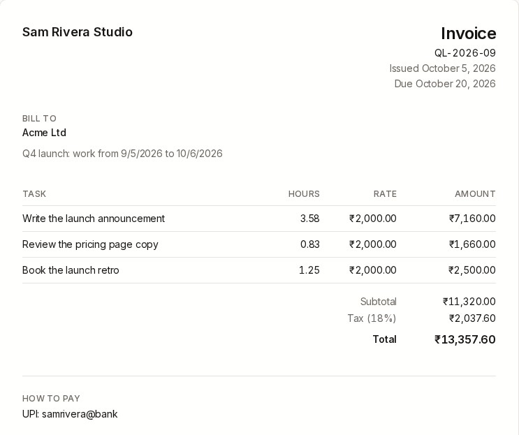 An invoice made from a project's billable time