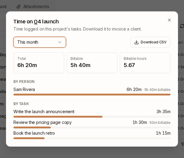 The time report for a project